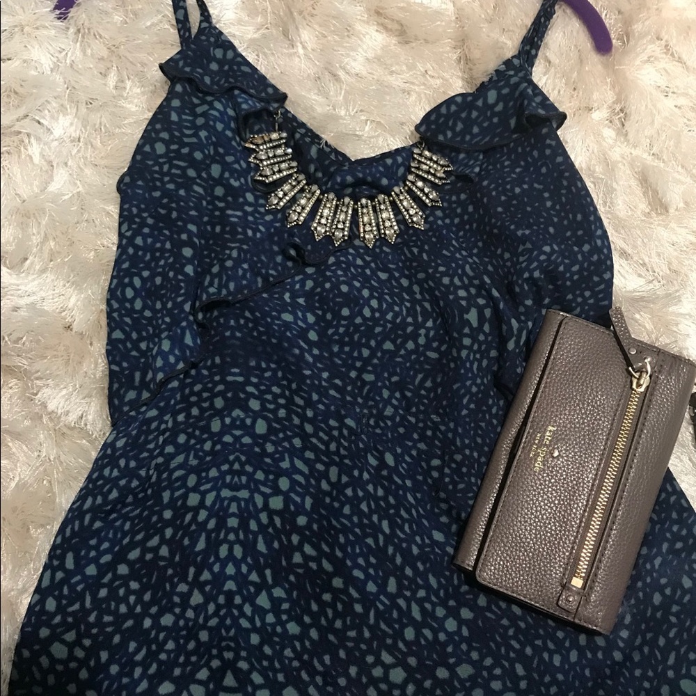 Eight Sixty Women Blue Green Ruffle Cami Abstract Print V-Neck Tank Top XS